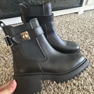 Steve Madden Black Ankle Boots with Gold Buckle